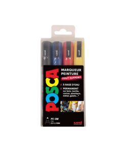 POSCA PC3M ETUI 4 COULEURS NOIR - BLEU FONCE - ROUGE JAUNE