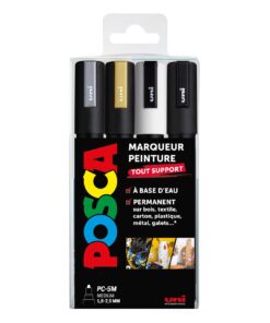 POSCA PC5M ETUI DE 4 ARGENT OR - BLANC - NOIR