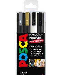POSCA PC3M ETUI DE 4 ARGENT OR - BLANC - NOIR