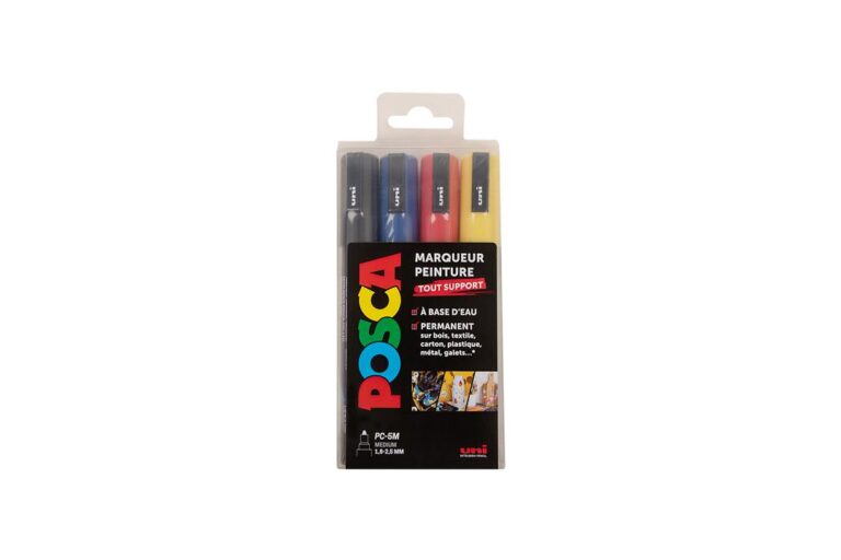 POSCA PC5M ETUI DE 4 COUL ASS NOIR – BLEU FONCE – ROUGE JAUNE