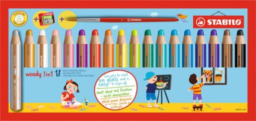 STABILO WOODY 18 CRAYONS 3 EN 1 + TAILLE CRAYONS + PINCEAU