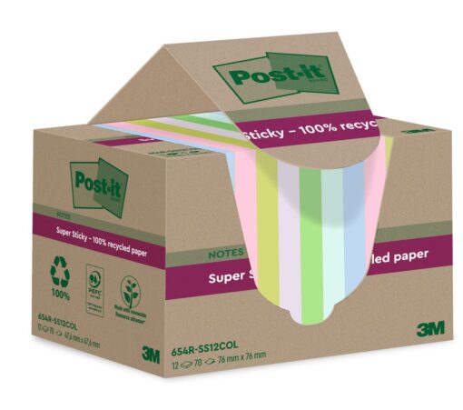 POST-IT 100% RECYCLE 12 BLOCS 70 FEUILLES 76X76MM - COLORE SUPER STICKY