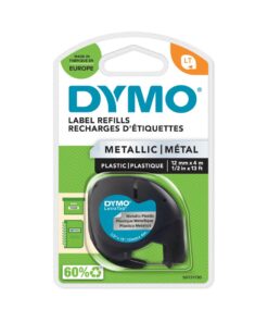 LETRATAG METALLIQUE ARGENT 4M 12MM - ETIQUETTE DYMO - ECRITURE NOIRE FOND METAL