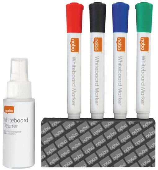 KIT NOBO NETTOYAGE TABLEAU BLANC - 4 MARQUEURS + SPRAY 50ML - FROTTEUR